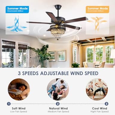 Crystal Ceiling Fan Fandelier with Lights - Modern Outdoor Fans with Remote Control，Noiseless AC Motor, Retro/Farmhouse Lighting, Dining Room， Living Room (52" - Image 3