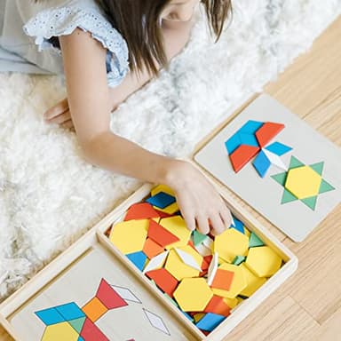 Melissa & Doug Pattern Blocks and Boards - Wooden Classic Toy With 120 Solid Wood Shapes and 5 Double-Sided Panels, Multi-colored - STEAM Animals, Tangrams Puzzle For Kids Ages 3+ - Image 6