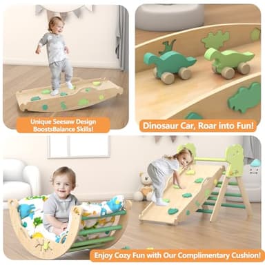 KidsBuddy Pikler Triangle Set with Cushion 9 in 1 Climbing Toys for Toddlers 1-3 Indoor Baby Climbing Gym Toddler Montessori Toys Wooden Toy with Maze Toy, Shape Sorter, Dinosaur Car - Image 8