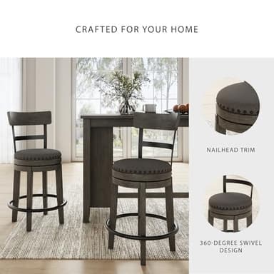 Signature Design by Ashley Caitbrook | Farmhouse Swivel 24" Counter Height Barstool – 360° Swivel, Upholstered with Nailhead Trim, Metal & Wood Frame, Gray - Image 5