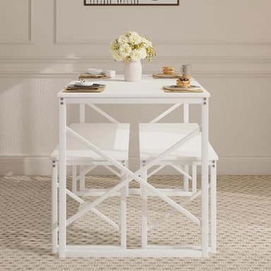 VECELO Kitchen Table with 2 Benches for 4, 43.3'' Wood Dining Room Dinette Sets with Metal Frame for Breakfast Nook and Small Space, White - Image 6