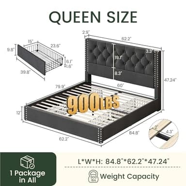 LARMACE Queen Size Bed Frame with 4 Storage Drawers and Tufted Headboard Linen Upholstered Platform Bed Frame with Heavy Duty Wood Slats, No Box Spring Needed, Easy Assembly, Grey - Image 2