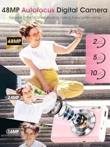 Digital Camera,Autofocus 4K Vlogging Camera for Photography with 32GB Card,48MP Portable Compact Point and Shoot Digital Camera for Teens Adult Beginner with 16X Zoom,Anti-Shake,2 Batteries(Pink) - Image 2