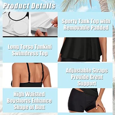 Urchics Womens 2025 Tankini Swimsuits Tummy Control Flowy Swimwear Two Piece Bathing Suits Swim Tank Top with Boyshorts Black L - Image 3