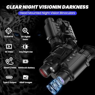 Night Vision Goggles, Night Vision Binoculars for Adults, 4K 2500FT Head-Mounted Infrared NVG with 64GB Card, Tactical Light, 8X Digital Zoom for Outdoor, Camping and Travel Clear Vision at Night - Image 2