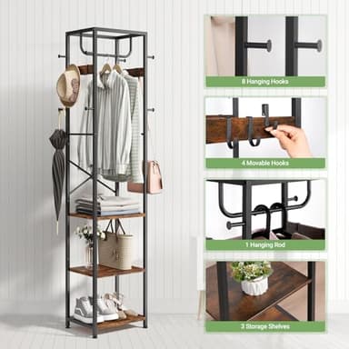 ELYKEN Coat Rack Freestanding, Hall Tree with 3 Storage Shelves and 12 Hooks, Industrial Clothes Rack Stand Organizer for Bedroom, Hallway, Entryway, Office, Living Room, Rustic Brown - Image 7