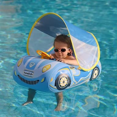 Swimbobo Toddler Pool Float Inflatable Car Baby Swim Float with Adjustable Sun Canopy and Safety Seat Pool Toys for Kids 3+ Years Old (Blue Sports Car) - Image 1