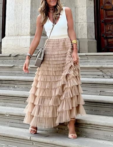 Flygo Women's Long Maxi Tulle Skirts A Line Ruffle High Waisted Tiered Layered Mesh Tutu Skirt Petticoat(Champagne-S) - Image 5
