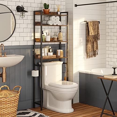 MAHANCRIS Over The Toilet Storage Rack, 4 Tier Bathroom Organizer Over Toilet, Freestanding Space Saver Toilet Stand with 2 Hooks, Bathroom Storage Shelf, Easy to Assemble, Rustic Brown TSHR0401Z - Image 1