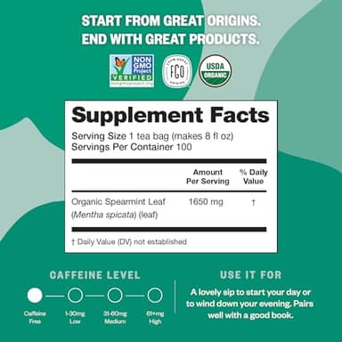FGO Organic Spearmint Leaf Tea, 100 Count, Eco-Conscious Tea Bags, Caffeine Free, Resealable Bag, Packaging May Vary (Pack of 1) - Image 4