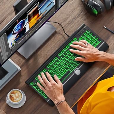 KOPJIPPOM Large Print Backlit Computer Keyboard, USB Full Size Wired Keyboards with 7-Colors Backlight, Wrist Rest, Light Up Keyboard for Windows, PC, Laptop - Easy to See, Easy to Setup - Image 2