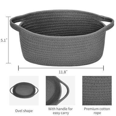 ABenkle Small Woven Storage Basket with Handles - 12"x8"x5", Decorative Rope Bin for Home Organization, Cat & Dog Toys, Shelf Storage, Gift Basket - Deep Grey - Image 2