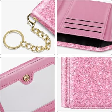 Trifold Small RFID Blocking Wallet Pocket Cute Short Slim Sparkling Credit Card Holder Leather Keychain Ladies Mini Purse with ID Window, Glitter Peach - Image 5