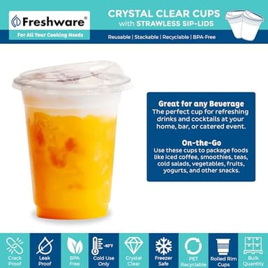 Freshware Clear Plastic Cups with Strawless Sip Lids [100 Cups - 12 oz] Disposable Tumblers for Iced Coffee, Smoothie, Milkshake, Cold Drinks - Image 2