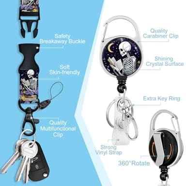 Piefly Lanyards for Id Badges, Funny Badge Holder with Retractable Badge Reel Clip, Skull Skeleton Reading Book Card Name Tag Lanyard Vertical ID Card Protector for Women Nurse Doctor Teacher Student - Image 5