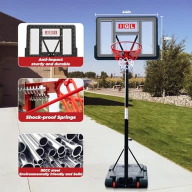 IGL Portable Basketball Hoop, 5.6-10FT Adjustable Basketball Goal System, 44 Inch Outdoor Basketball Hoop & Goals for Kids, Youth, and Adults in The Backyard, Driveway with PC Backboard (Black) - Image 2