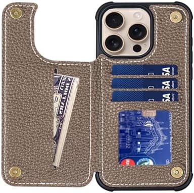 Thryxop Compatible with iPhone 16 Pro Max 6.9 Inch Wallet Case,Genuine Leather Shockproof Anti-Fall, Flip Cover with Card Slot, Double Magnetic Buckle,Kickstand Durable, Gray Brown - Image 5