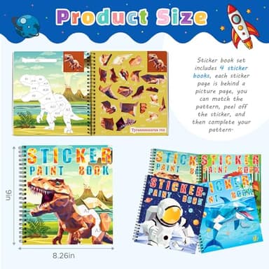 homicozy 3PCS Sticker Paint Books for Kids Ages 4-10,Dinosaur Astronaut Ocean Animals Designs Paint by Stickers,Sticker by Numbers,Party Birthday Gifts for Boys 4-10,Create 30 Pictures at a Time - Image 3