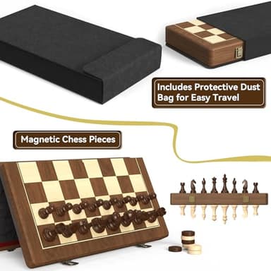 Premium Natural Walnut 15" Magnetic Wooden Folding Chess & Checkers Set- 2 in 1 Board Game with 3" King Staunton Pieces and 2 Extra Queens, Checkers, and Dust-Proof Storage Bag (Black) - Image 6