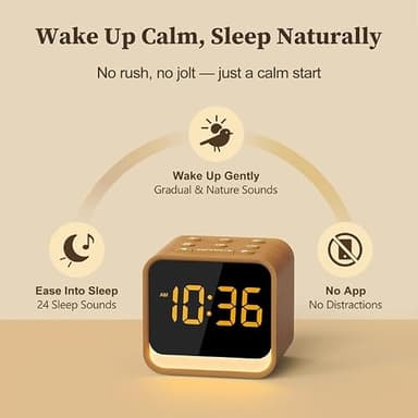 Housbay Wooden Sound Machine Alarm Clock for Bedrooms - Gentle Wake-Up with Birdsong, White Noise for Sleeping, Small Digital Clock for Phone-Free Routine - Image 2