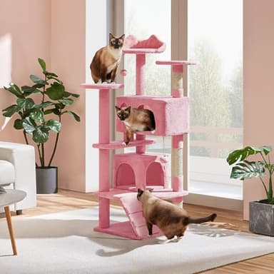 Yaheetech 54in Cat Tree Tower, Multi-Level Cat Tree for Indoor Cats with Scratching Posts, Dangling Balls Cat Play House, Pink - Image 9