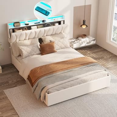 Full Size Lift Up Storage Bed Frame, Height Adjustable Storage Headboard with Charging Station, LED Lights Upholstered Platform Bed, Wooden Slat, No Box Spring Needed, Noise-Free, Beige - Image 4