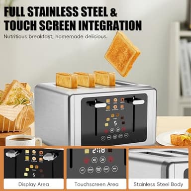 whall 4 Slice Touch Screen Toaster, Stainless Steel Toasters Digital Timer, Dual Control Panel Toasters，6 Shade Settings＆6 Bread Types, Smart Wide Slots, Bagel, Cancel, Defrost,Flat lever Stainless - Image 6