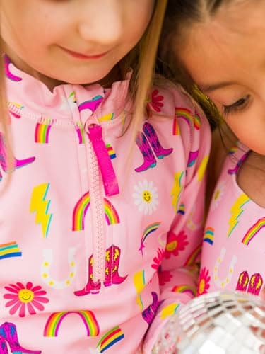 RuffleButts Baby/Toddler Girls Long Sleeve Rash Guard 2 Piece Swimsuit Set w/UPF 50+ Sun Protection with Zipper - Cowgirl Cutie, 2T - Image 4