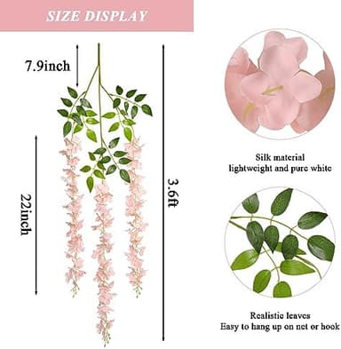 Pauwer Wisteria Hanging Flowers 24 Pack Fake Flower Garland Artificial Wisteria Vines Rattan Silk Flower String Wedding Party Wall Decorations,Blush Pink - Image 5
