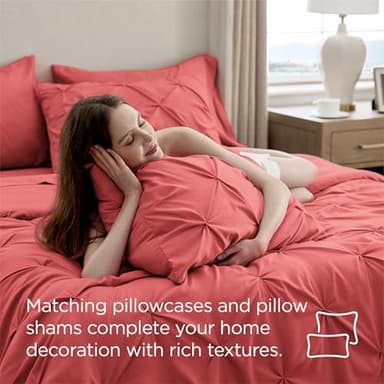 Bedsure King Size Comforter Set Coral Red - Bed in a Bag King Size 7 Pieces, GentleSoft™ Pintuck Bed Set Gift for Family, Pinch Pleat Coral Red Comforter with Sheets, Pillowcases & Shams - Image 8