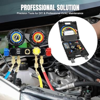 Jack Boss 4 Way AC Gauge Set for R410a R22 R134a Refrigerant, 4 Valve Automotive AC Manifold with 5ft Hoses, R410a Adapters - Image 7