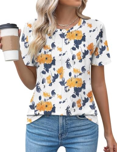 Kistore Women's Yellow Floral Shirts for Women Dressy Casual Short Sleeve Crew Neck Tunic Tops for Leggings L - Image 1