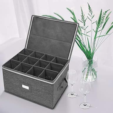 Stemware Storage Containers (2 pack), Wine Glass Storage Box with Dividers for Glassware or Crystal, Holds 12 Red or White Wine Glasses, Hard Top and Stackable (Grey) - Image 2