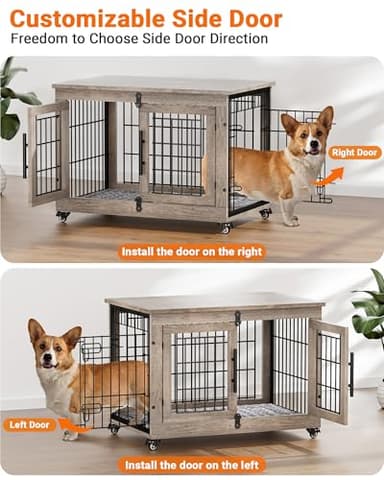 YaFiti Dog Crate Furniture with Cushion, Wooden Dog Kennel with Double Doors, Heavy Duty Dog Cage End Table with Wheels, Dog House Indoor for Small Medium Dogs up to 45 lb, 32.5” L, Grey - Image 4