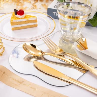 DaYammi 350PCS Clear Gold Plastic Dinnerware Set for 50 Guests, Fancy Disposable Plates for Party, Include: 50 Dinner Plates, 50 Dessert Plates, 50 Pre Rolled Napkins with Gold Silverware, 50 Cups - Image 5