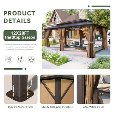 Aoxun 12'x20' Hardtop Gazebo, Aluminum Frame Permanent Pavilion with Curtains and Netting, Outdoor Polycarbonate Double Roof Canopy, Designed for Garden, Lawns, Patio - Image 4