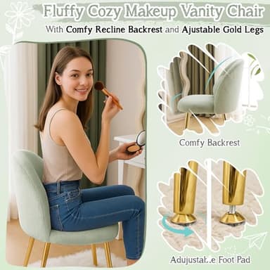 VINGLI Fluffy Girls Vanity Chair with Back & Pillow,Cute Small Cozy Desk Chair No Wheels,Comfy Makeup Ch with Ajustable Gold Legs,for Bedroom,Living Room,Small Space,Green - Image 5
