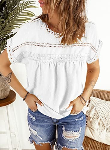 Dokotoo Blouses, Fashion 2025 Summer Crochet Lace Round Neck Short Sleeve Shirts Back Button Down Pom Pom Boho Casual Solid Chiffon Womens Tops White Medium - Image 3