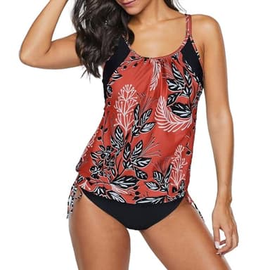 Zando Womens Tankini Swimsuits Sporty Double Up Women's Swimming Suits Plus Size Swimsuits for Women Two Piece Bathing Suits for Women Long Torso Swimwear Maternity Swimsuits Flattering Red Floral L - Image 3