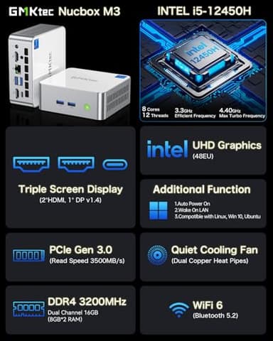 GMKtec Mini PC Intel i5-12450H(Turbo 4.4 GHz) 32GB DDR4 1TB M.2 NVMe SSD, Intel i226v Mini Computers, USB 3.2, Type-C/WiFi 6, BT5.2, RJ45 2.5G/ 4K Triple Display Desktop PC - Image 2