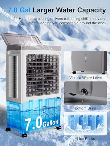 Uthfy Swamp Cooler, 2800 CFM Evaporative Air Cooler with 7 Gal Water Tank, Remote Control, 12 H Timer, 120° Oscillation, 3 Speed, Portable Air Conditioners Cooling Fan for Room, Patio, Garage, 36 Inch - Image 4