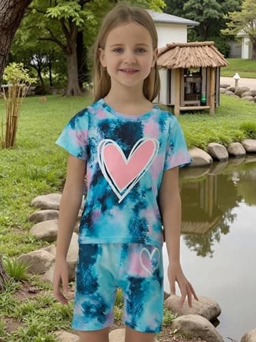 GOLLUNER Tween Girl Clothes Tie Dye Heart Print Short Sleeve Top and Shorts Girl Summer Outfits Short Set(8-9T) - Image 4