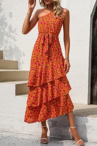 PRETTYGARDEN Women's Summer Floral Sundress Casual One Shoulder Tiered Ruffle Flowy Midi Beach Boho Dresses (Floral Orange Rose Red,Large) - Image 4