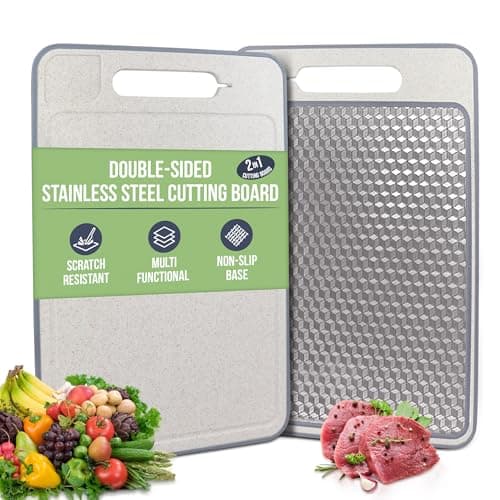 Stainless Steel Cutting Board Double Sided for Kitchen– 304 Stainless Steel/Wheat Straw PP Cutting Board for Meat, Fruit, Veg, Non Slip, Juice Groove, Food-Grade Chopping Board, Easy Clean - Image 1