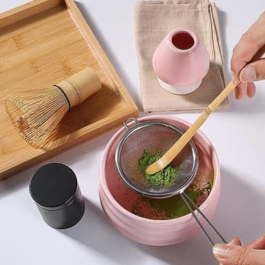 Ceremony Matcha Kit - Traditional Bamboo Matcha Whisk (Chasen) Scoop (Chashaku) Chawan Bowl with Pouring Spout Whisk Holder Sifter Tea Tray- The Perfect Matcha Set (Set of 6, Pink - Image 4