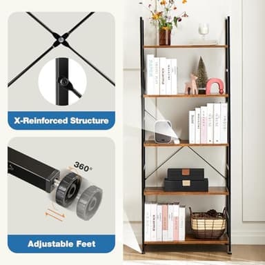 DUMOS 5 Tiers Bookshelf, Classical Modern Book Shelf, Tall Display Shelves in Living Room/Home/Office, Storage Organizer for CDs/Books/Movies, Rustic Brown | Book Shelf, in Living Room, Home, Office, Storage Organizer, for CDs - Image 6