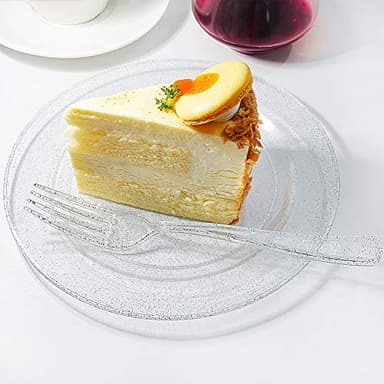 I00000 144Pcs Silver Glitter Dessert Plates Set, Includes 72Pcs Plastic Dessert Plates 7.5",72Pcs Silver Forks 7.4", Plastic Salad Plates for Thanksgiving - Image 2