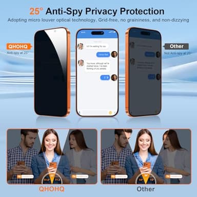 QHOHQ [1-Second Auto-Install] 3 Pack Privacy Screen Protector for iPhone 17 Pro Max [6.9 Inch] + 1 Set Camera Lens Protector, 25° Anti Spy Tempered Glass, [Military Grade Shatterproof], Case Friendly - Image 2