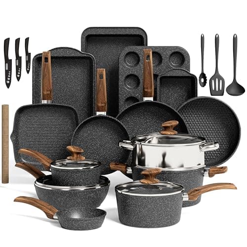 Kitchen Induction Cookware & Bakeware Set - 30 Piece Black Granite Cooking Pans Set, Non-Stick Pots and Pans Set - Image 1