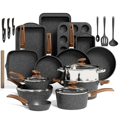 Kitchen Induction Cookware & Bakeware Set - 30 Piece Black Granite Cooking Pans Set, Non-Stick Pots and Pans Set - Image 1